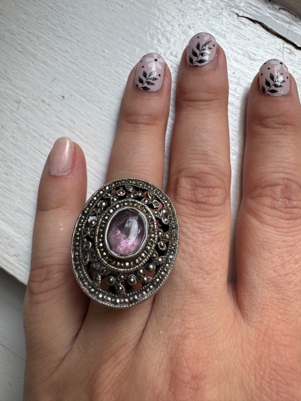 Silver Oval Statement Ring with Amethyst Gemstone